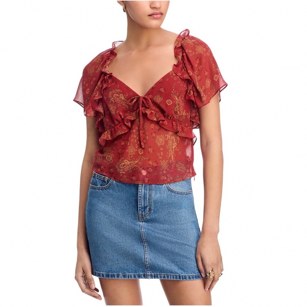 PAIGE Mirasol Top Carmine Red Multi Paisley Silk Ruffle V-Neck Blouse Size 6 NEW